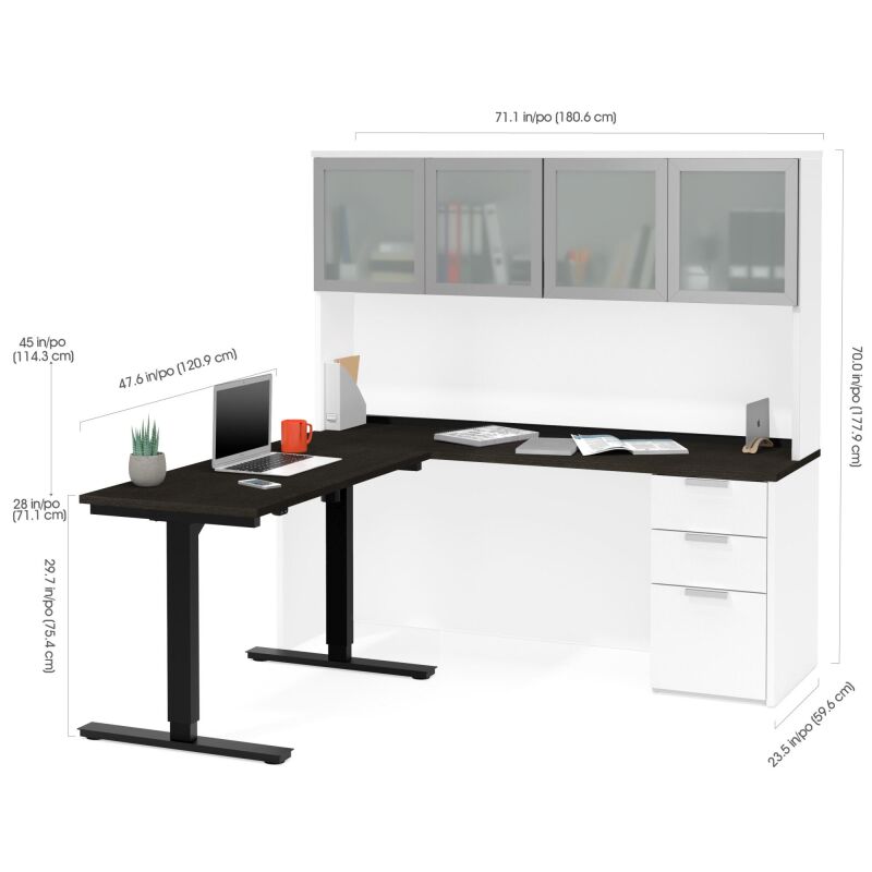 110897 17 Bestar Pro Concept Plus 72w L Shaped Standing Desk With Hutch In White Deep Grey 4