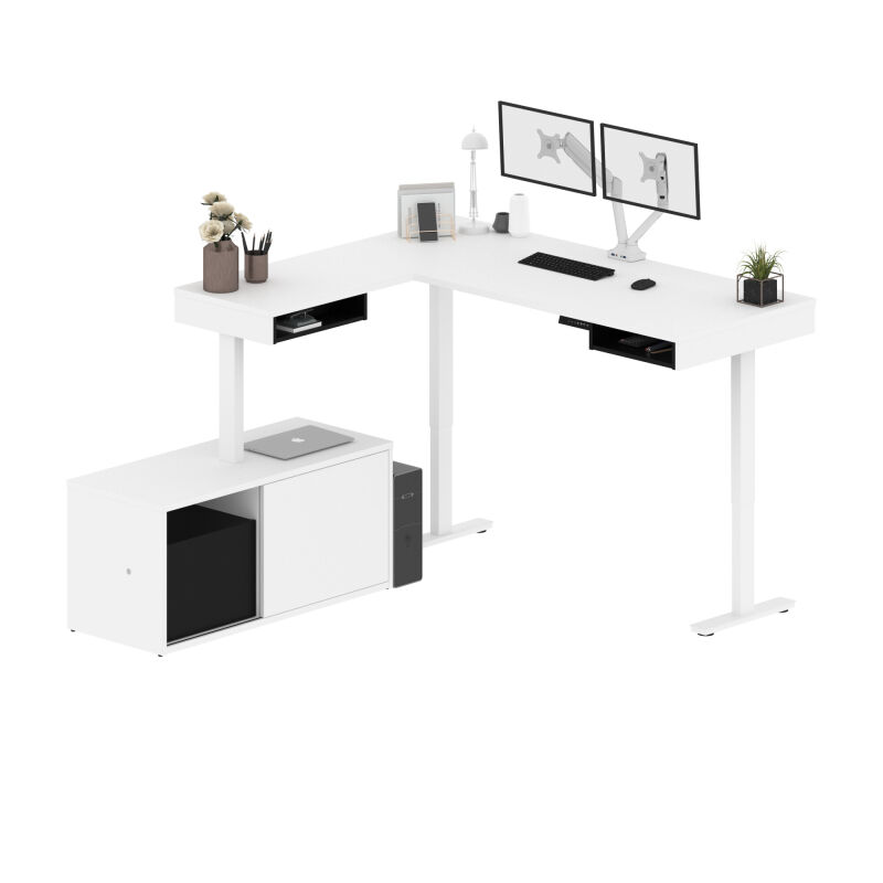 130851-000017 Bestar Pro-Vega 81W L-Shaped Standing Desk with Dual Monitor Arm and Credenza in white & black