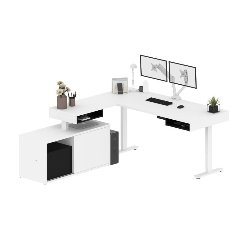 130851 000017 Bestar Pro Vega 81w L Shaped Standing Desk With Dual Monitor Arm And Credenza In White Black 3