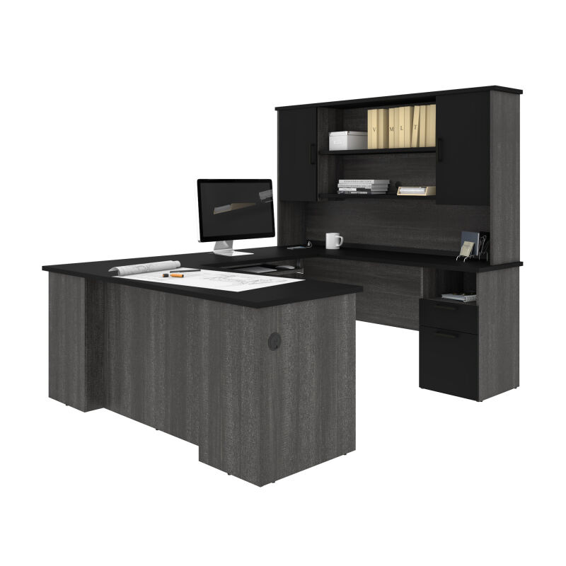181852-000018 Bestar Norma 71W U or L-Shaped Executive Desk with Hutch in black & bark gray
