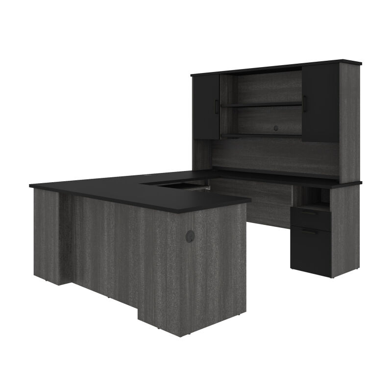 181852-000018 Bestar Norma 71W U or L-Shaped Executive Desk with Hutch in black & bark gray