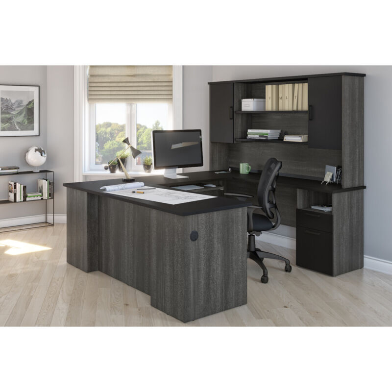 181852 000018 Bestar Norma 71w U Or L Shaped Executive Desk With Hutch In Black Bark Gray 4