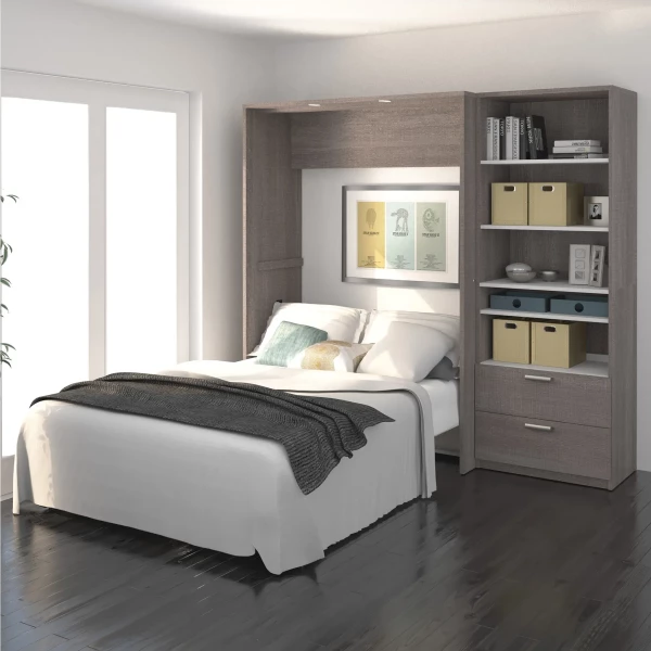 80892-47 Bestar Cielo Full Murphy Bed and Shelving Unit with Drawers (89W) in bark grey & white