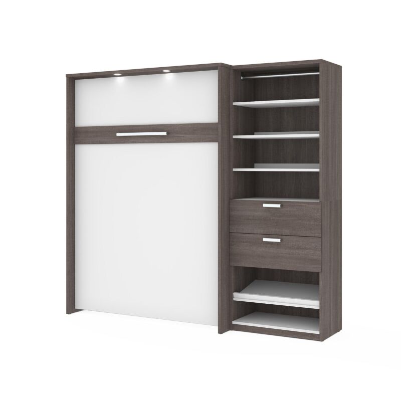 80892-47 Bestar Cielo Full Murphy Bed and Shelving Unit with Drawers (89W) in bark grey & white