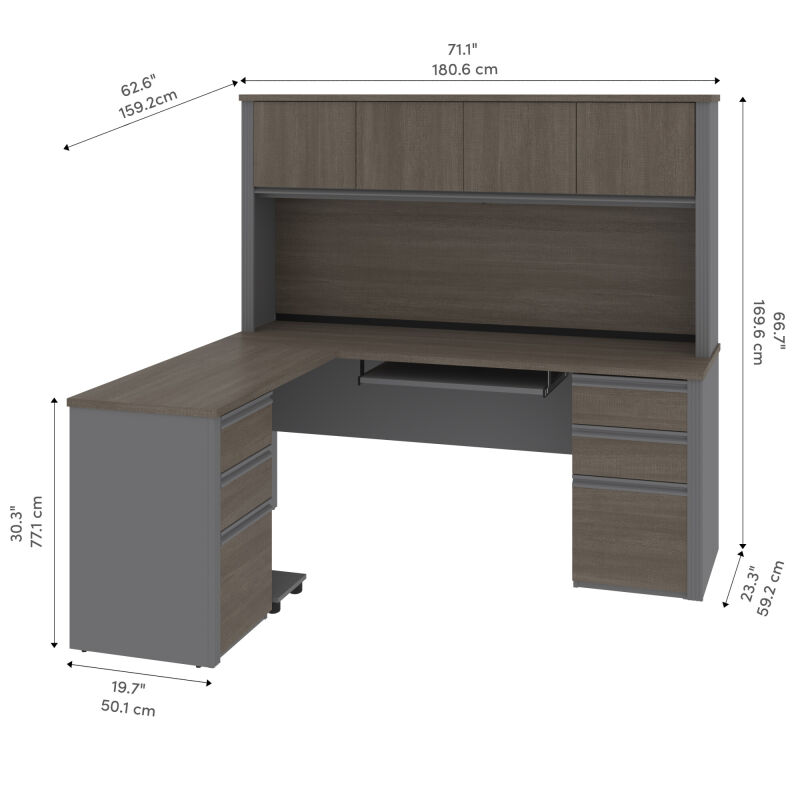 99852 000047 Bestar Prestige 72w Modern L Shaped Office Desk With Two Pedestals And Hutch In Bark Grey Slate 10
