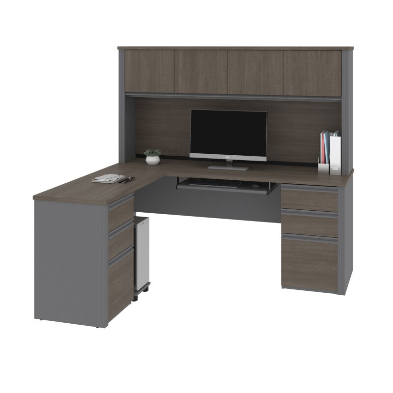 99852 000047 Bestar Prestige 72w Modern L Shaped Office Desk With Two Pedestals And Hutch In Bark Grey Slate 2
