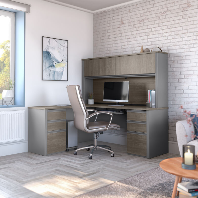 99852-000047 Bestar Prestige + 72W Modern L-Shaped Office Desk with Two Pedestals and Hutch  in bark grey & slate