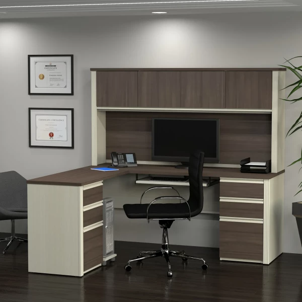 99852-52 Bestar Prestige + 72W Modern L-Shaped Office Desk with Two Pedestals and Hutch  in white chocolate & antigua