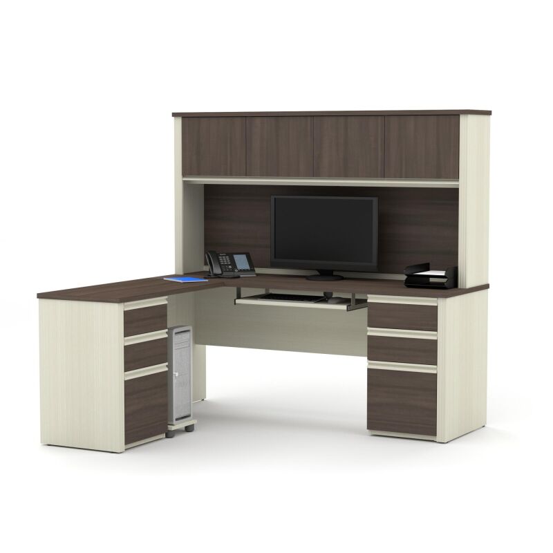 99852-52 Bestar Prestige + 72W Modern L-Shaped Office Desk with Two Pedestals and Hutch  in white chocolate & antigua
