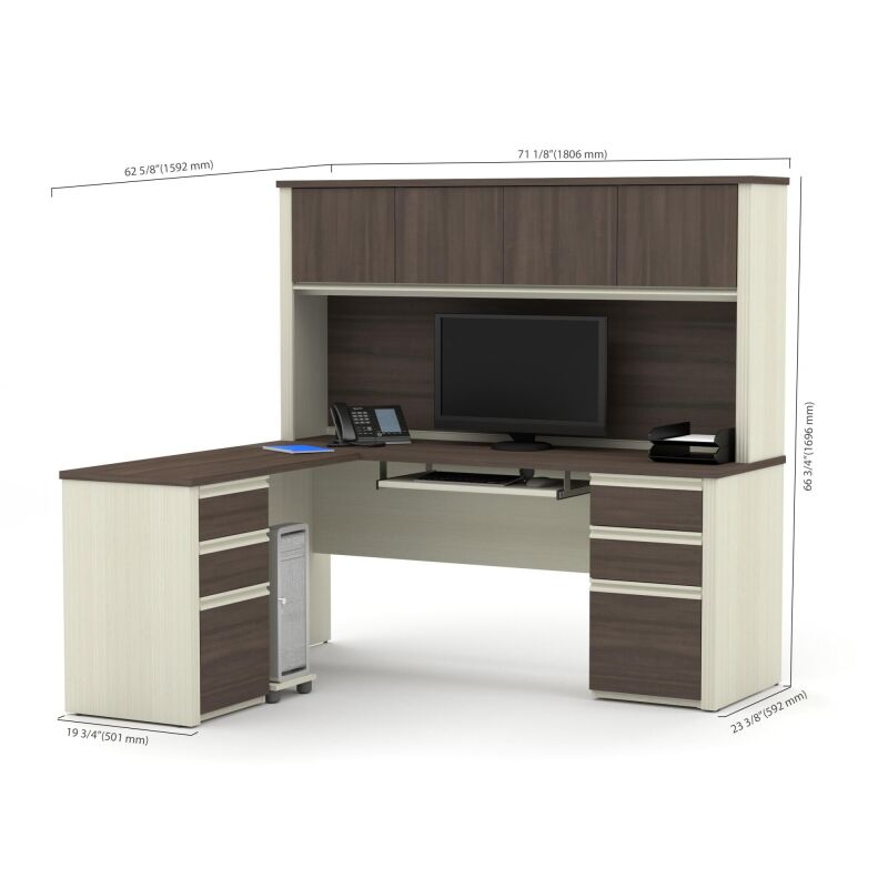 99852 52 Bestar Prestige 72w Modern L Shaped Office Desk With Two Pedestals And Hutch In White Chocolate Antigua 5