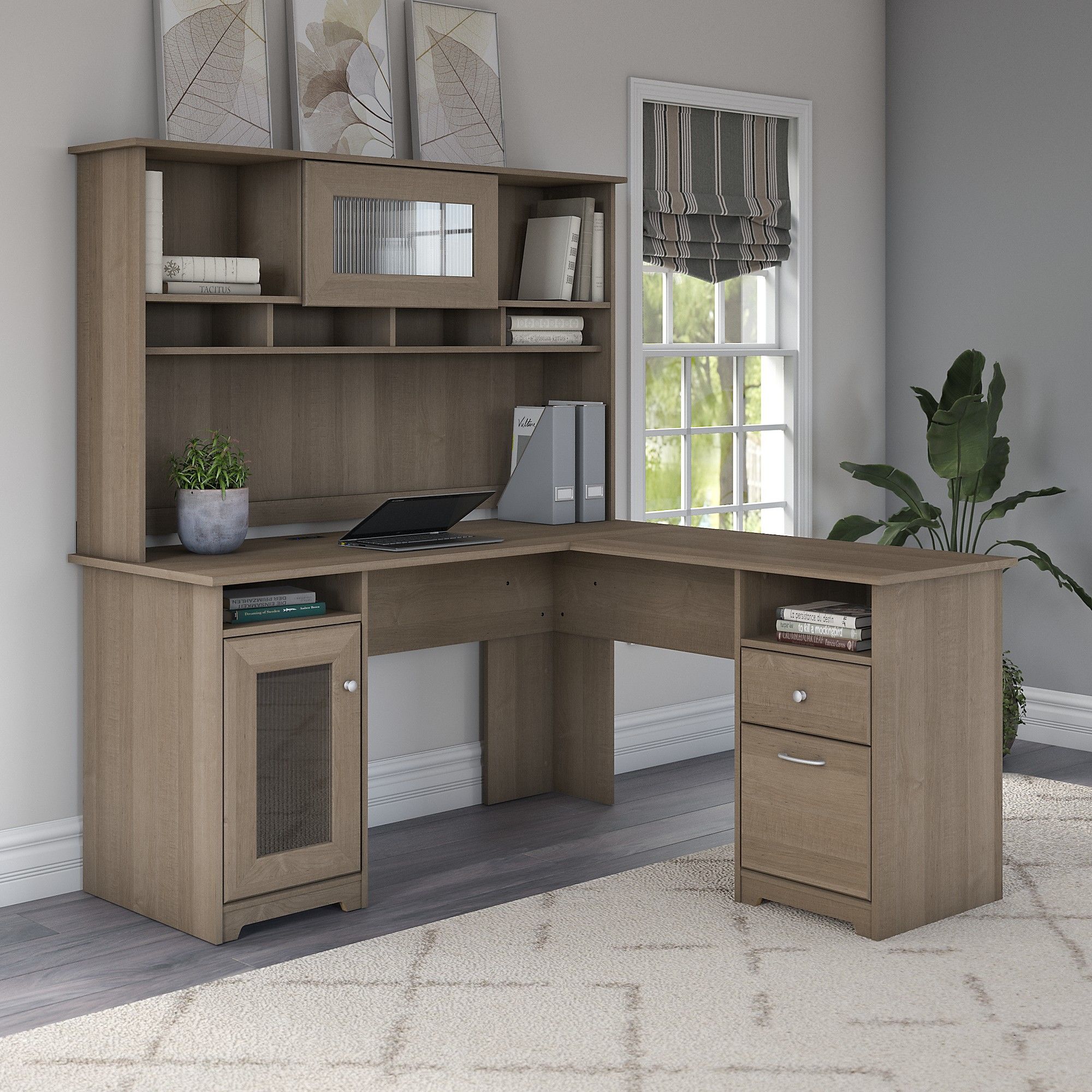 60W L Shaped Computer Desk with Hutch in Ash Gray
