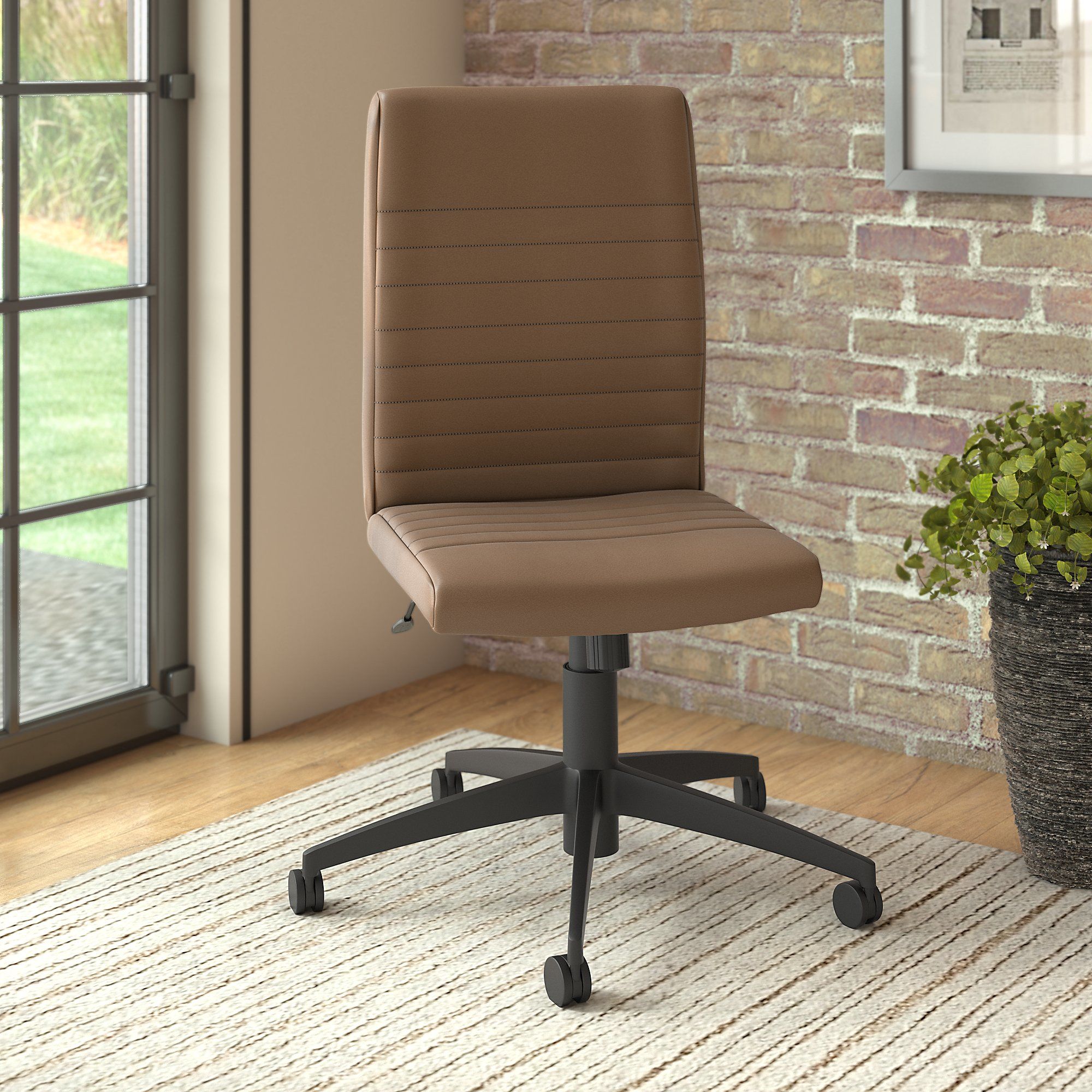Mid Back Ribbed Leather Office Chair in Saddle Tan