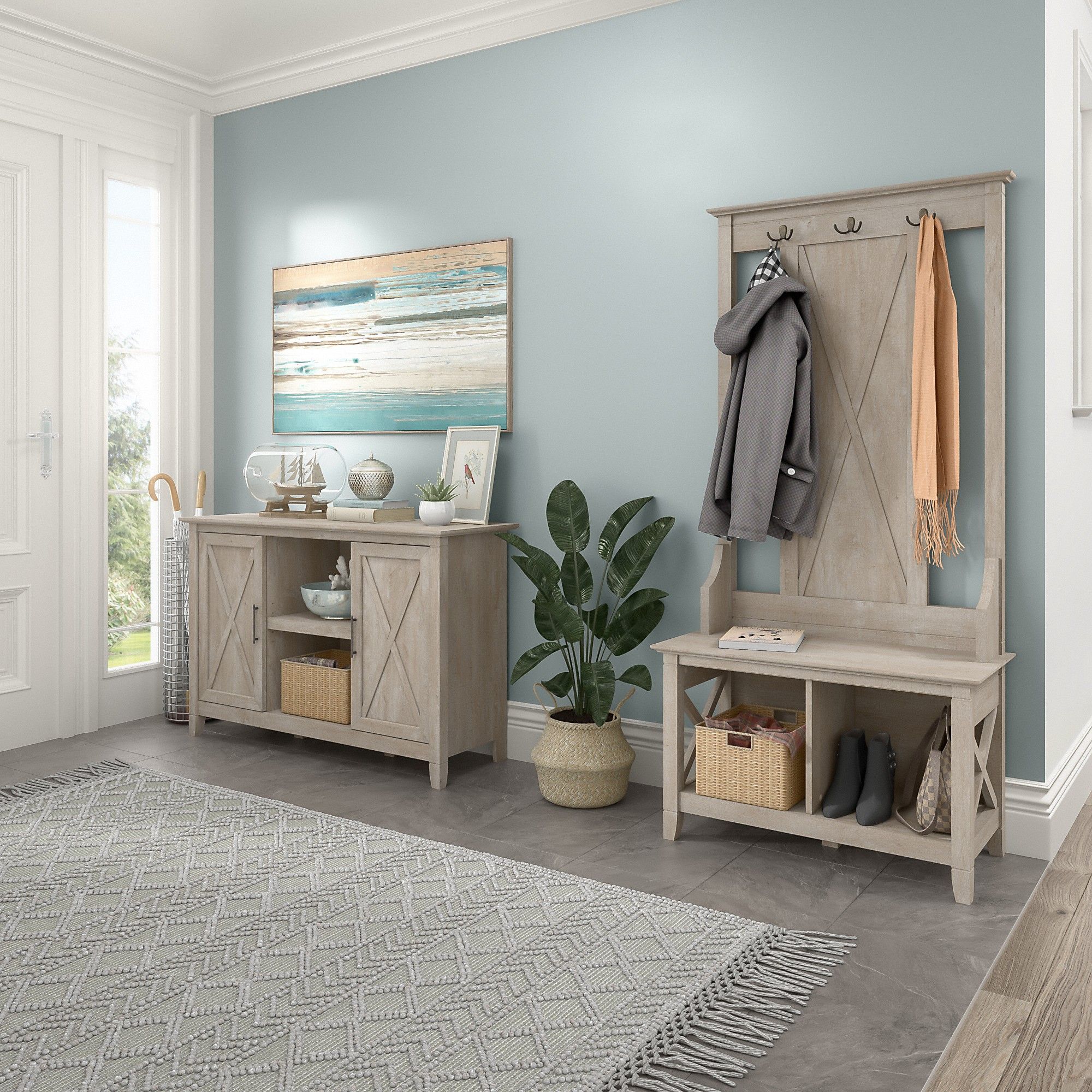 Bush Furniture Salinas Entryway Storage Set with Hall Tree, Shoe Bench and Accent Cabinet Ash Brown
