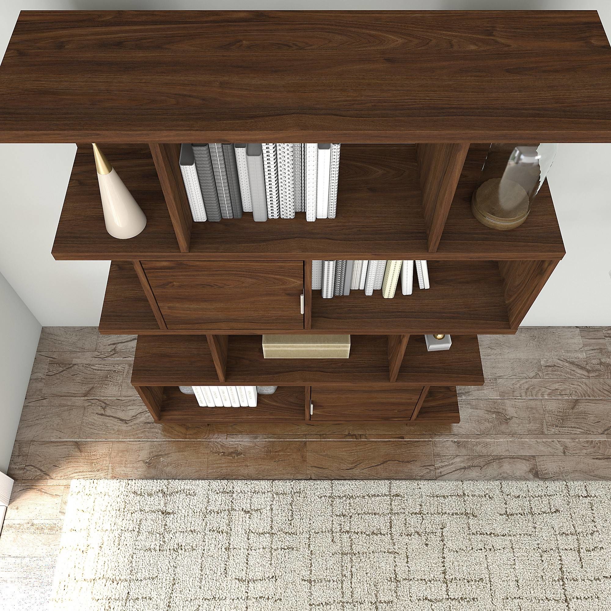 Avenue Large Geometric Etagere Bookcase with Doors in Modern Walnut