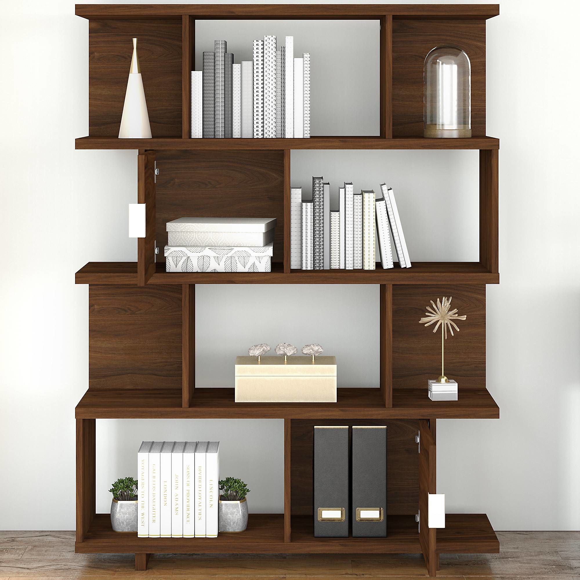 Avenue Large Geometric Etagere Bookcase with Doors in Modern Walnut