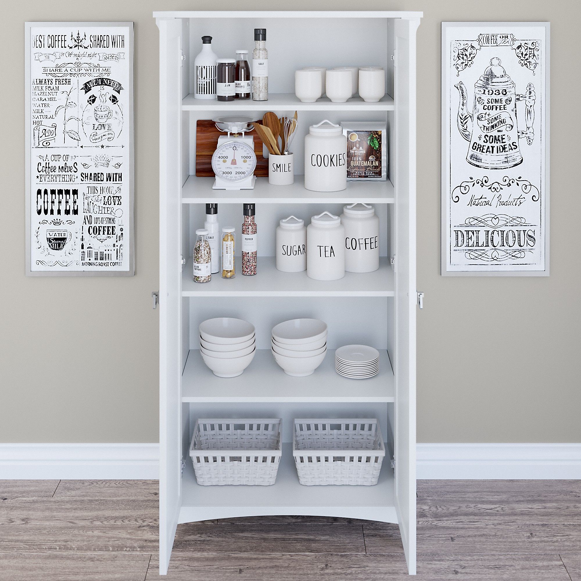 Bush Furniture Salinas Kitchen Pantry Cabinet with Doors in Pure White