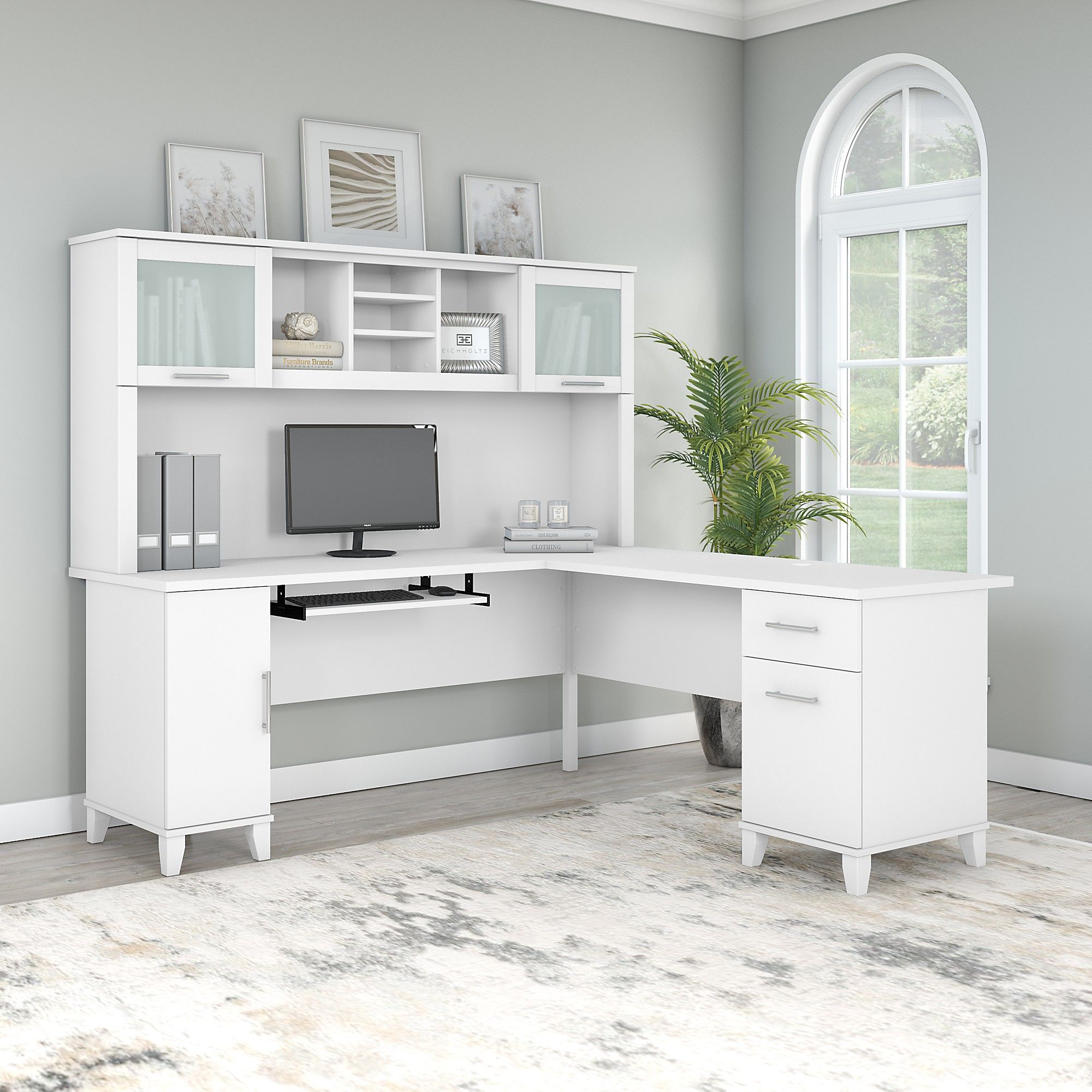 72w L Shaped Desk With Hutch In White, L Shaped Office Desk With Printer Storage