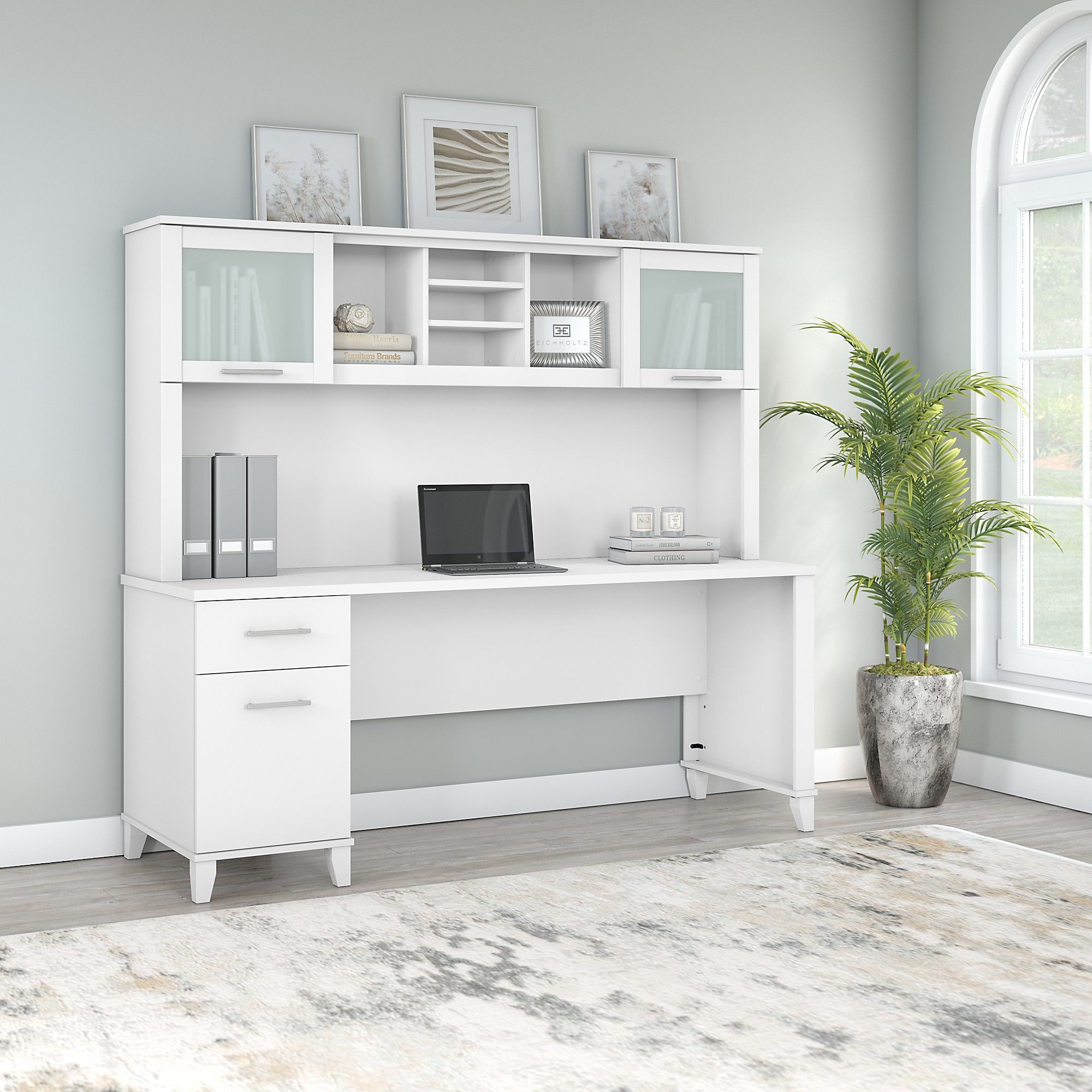 72w Office Desk With Drawers And Hutch, White Desk With Bookcase