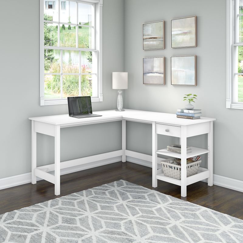 BDD260WH-03 60W L Shaped Computer Desk with Storage in Pure White