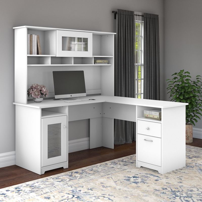 CAB001WHN 60W L Shaped Computer Desk with Hutch in White