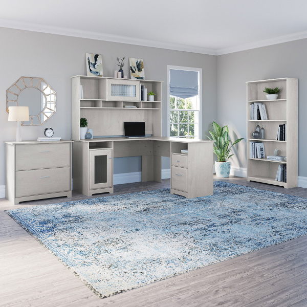 CAB010LW Bush Furniture Cabot L Shaped Desk with Hutch, Lateral File Cabinet and 5 Shelf Bookcase in Linen White Oak