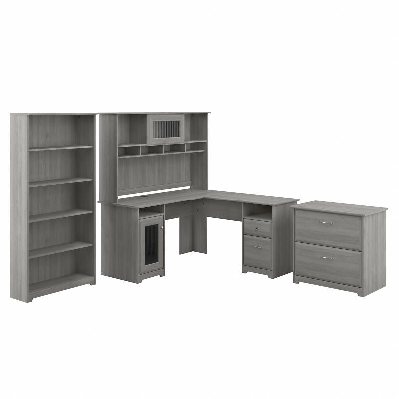 CAB010MG Bush Furniture Cabot L Shaped Desk with Hutch, Lateral File Cabinet and 5 Shelf Bookcase in Modern Gray
