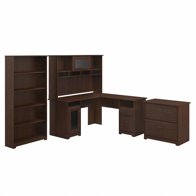 CAB010MW Bush Furniture Cabot L Shaped Desk with Hutch, Lateral File Cabinet and 5 Shelf Bookcase in Modern Walnut