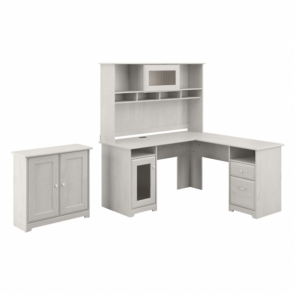 CAB016LW Bush Furniture Cabot L Shaped Desk with Hutch and Small Storage Cabinet with Doors in Linen White Oak