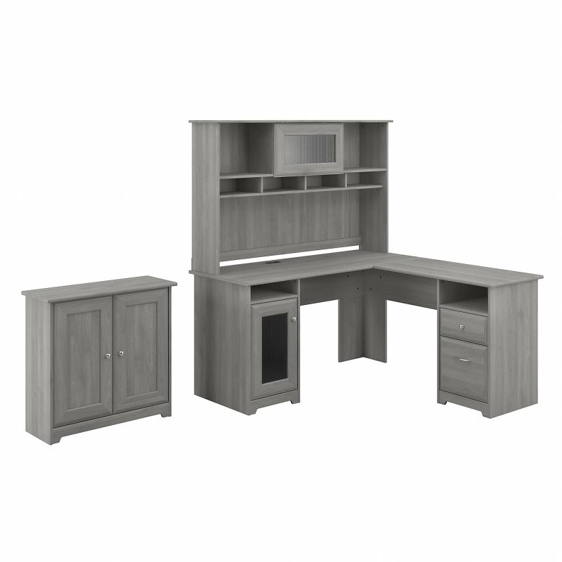 CAB016MG Bush Furniture Cabot L Shaped Desk with Hutch and Small Storage Cabinet with Doors in Modern Gray