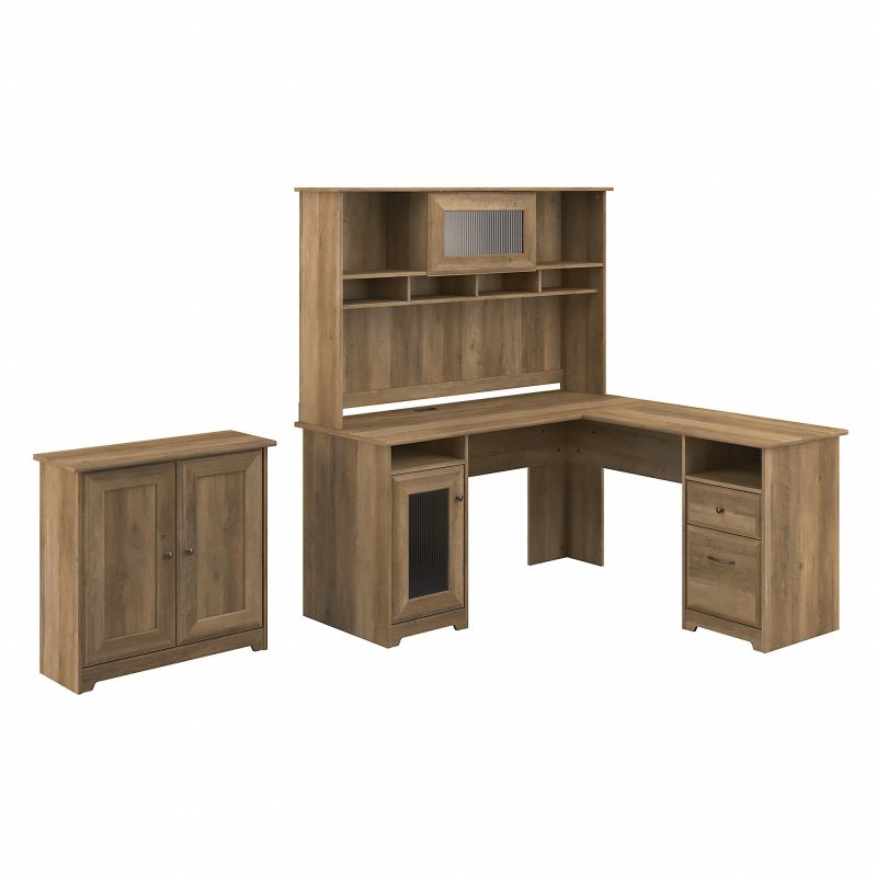 CAB016RCP Bush Furniture Cabot L Shaped Desk with Hutch and Small Storage Cabinet with Doors in Reclaimed Pine