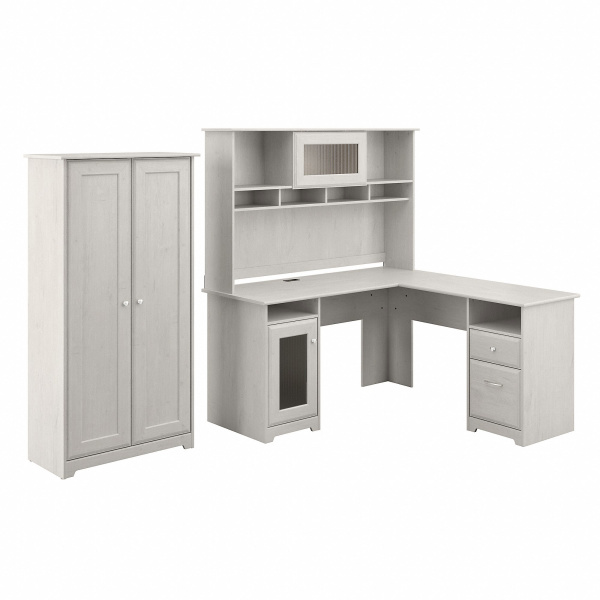 CAB017LW Bush Furniture Cabot L Shaped Desk with Hutch and Tall Storage Cabinet with Doors in Linen White Oak