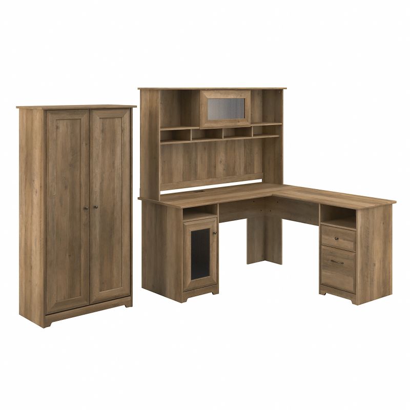 CAB017RCP Bush Furniture Cabot L Shaped Desk with Hutch and Tall Storage Cabinet with Doors in Reclaimed Pine