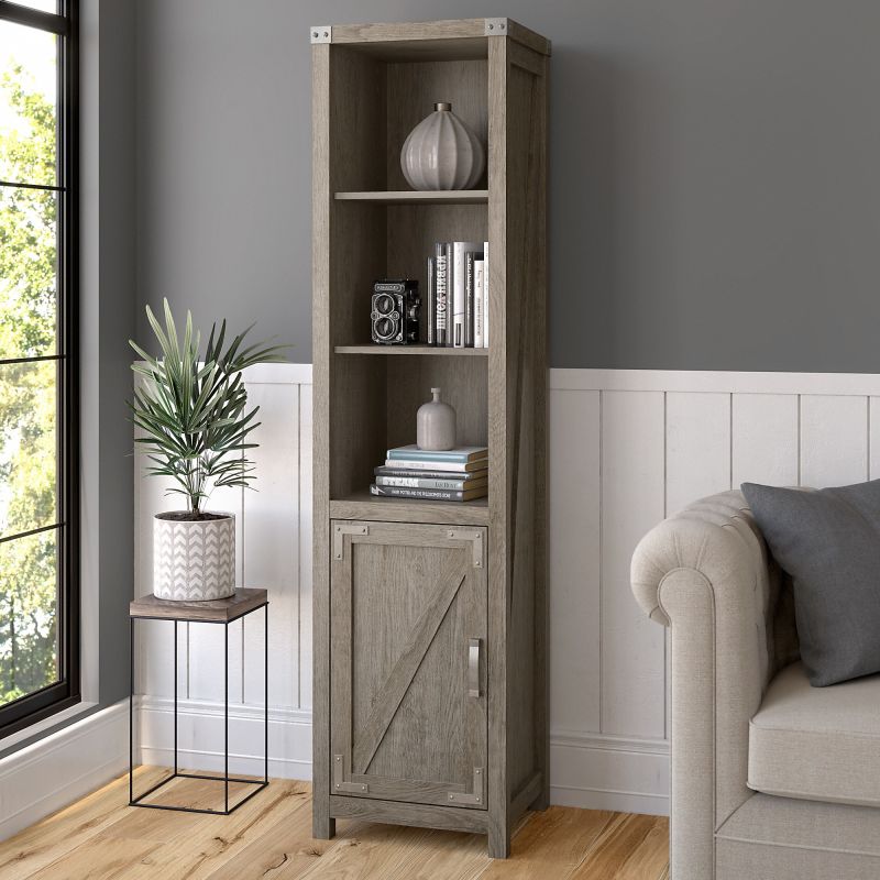 CGB118RTG-03 Cottage Grove Tall Narrow 5 Shelf Bookcase with Door in Restored Gray
