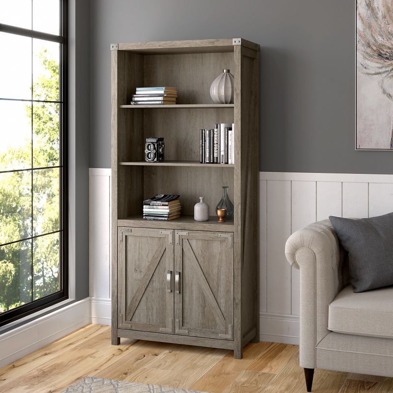 CGB132RTG-03 Cottage Grove Tall 5 Shelf Bookcase with Doors in Restored Gray