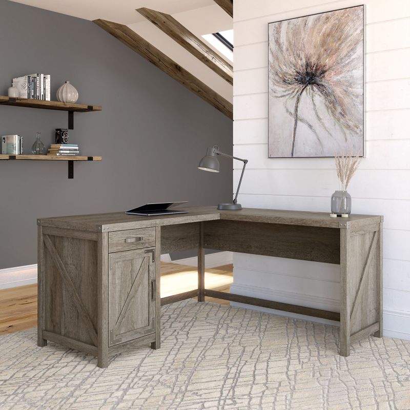 CGD160RTG-03 Cottage Grove 60W L Shaped Desk with Drawer and Storage Cabinet in Restored Gray