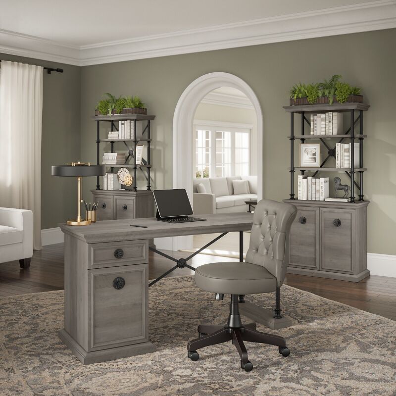 CSM004DG Coliseum 60W Designer Desk with Set of Two Bookcases with Doors in Driftwood Gray