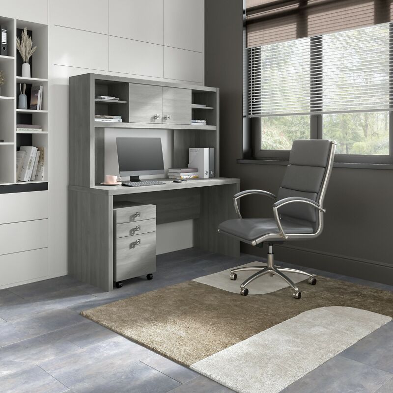 ECH006MG 60W Credenza/Desk w 3 Drawer Mobile Pedestal and Hutch Modern Gray