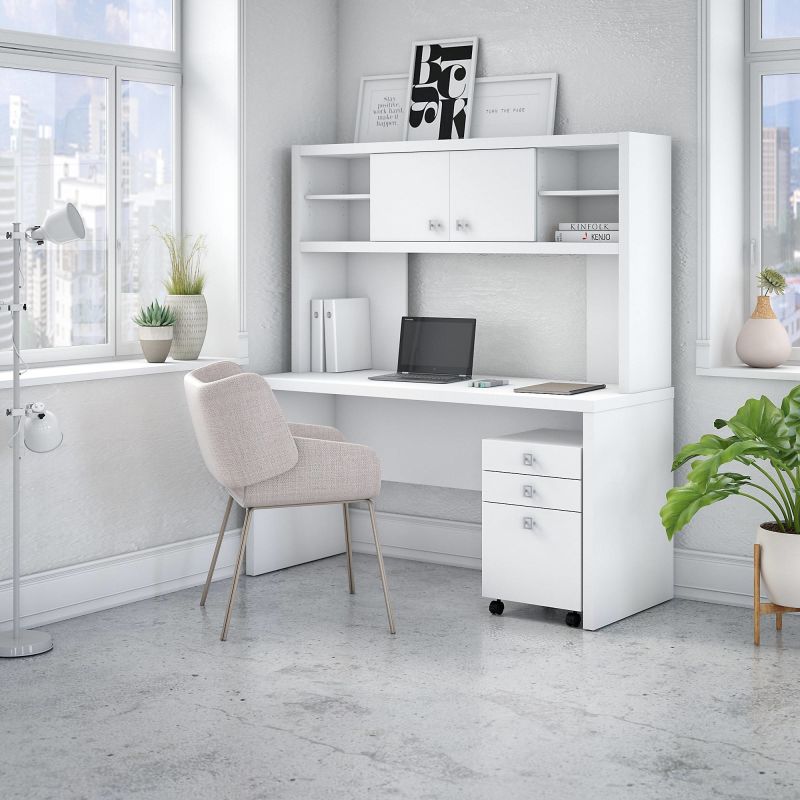 ECH006PW Desk with Hutch and Mobile File Cabinet in Pure White