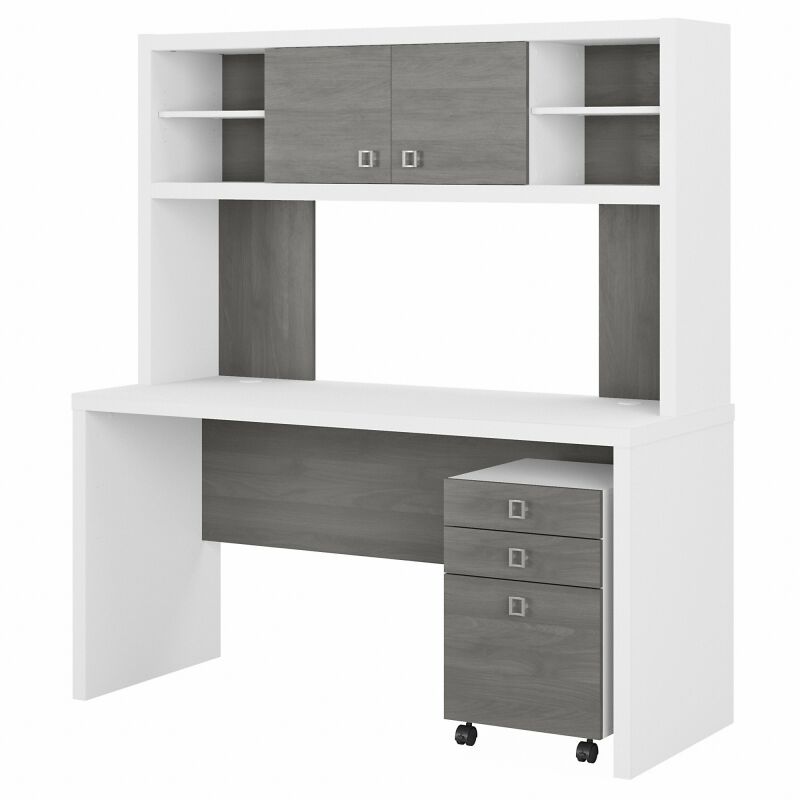 ECH006WHMG 60W Credenza/Desk w 3 Drawer Mobile Pedestal and Hutch Pure White/Modern Gray