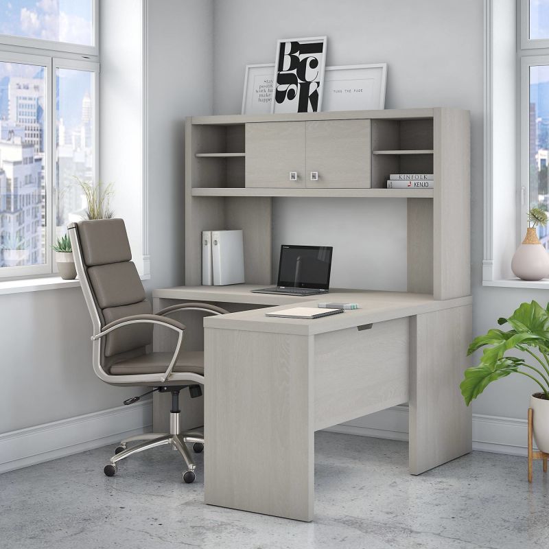 ECH031GS L Shaped Desk with Hutch in Gray Sand