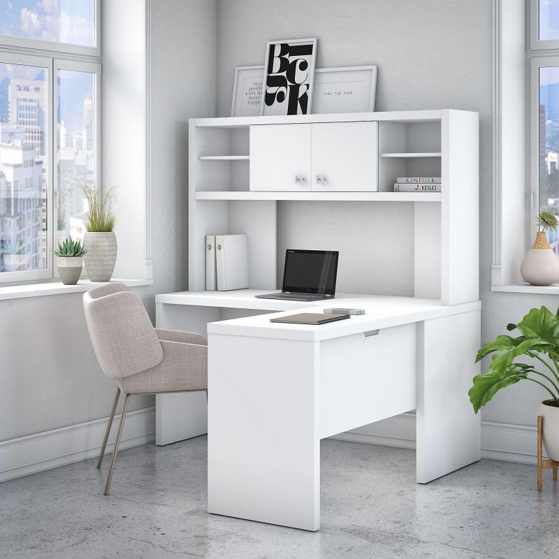 ECH031PW L Shaped Desk with Hutch in Pure White