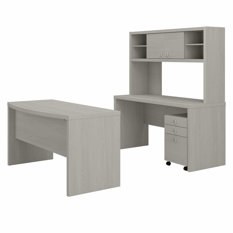 ECH036GS 60W Bow Front Desk with Credenza, Hutch and 3 Dwr Mobile Ped Gray Sand