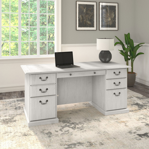 EX45766-03K Bush Furniture Saratoga Executive Desk with Drawers in Linen White Oak