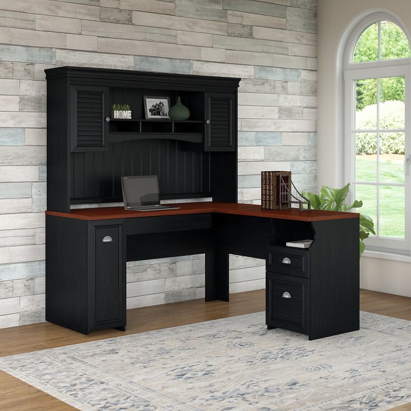 FV004AB L Shaped Desk with Hutch in Antique Black