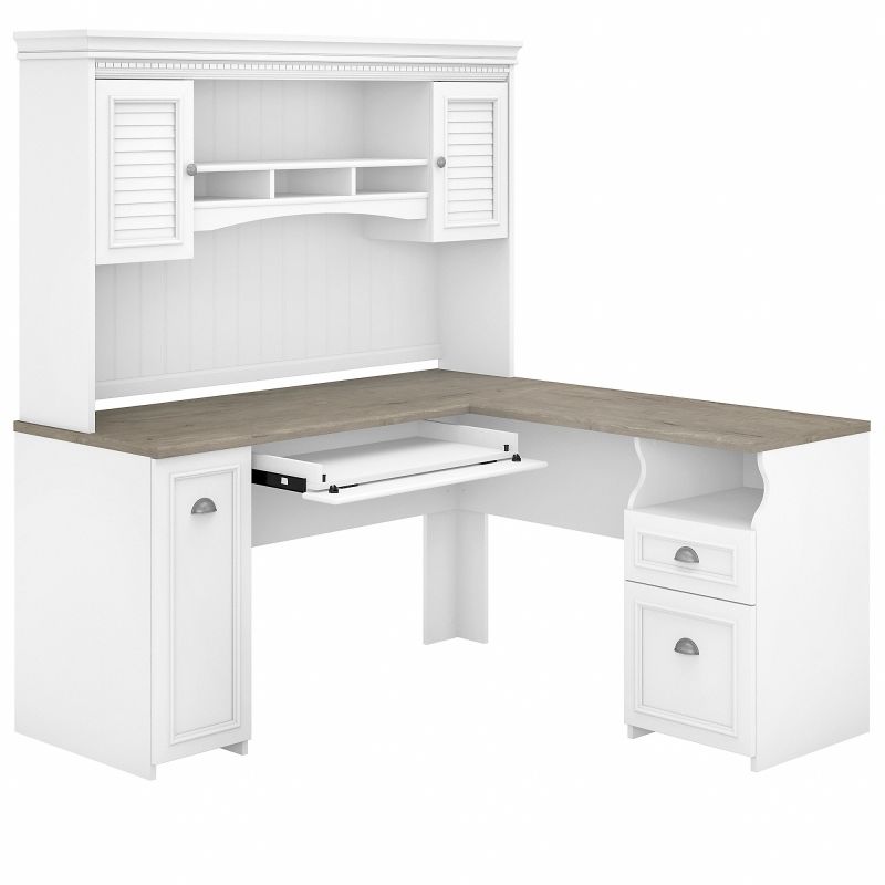 FV004G2W Bush Furniture Fairview 60W L Shaped Desk with Hutch in Pure White and Shiplap Gray
