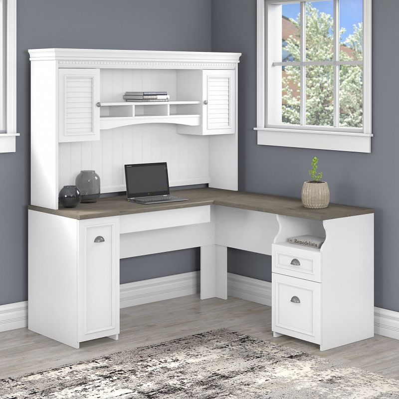 FV004G2W Bush Furniture Fairview 60W L Shaped Desk with Hutch in Pure White and Shiplap Gray