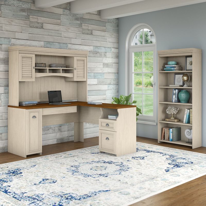 FV005AW L Shaped Desk with Hutch and 5 Shelf Bookcase in Antique White