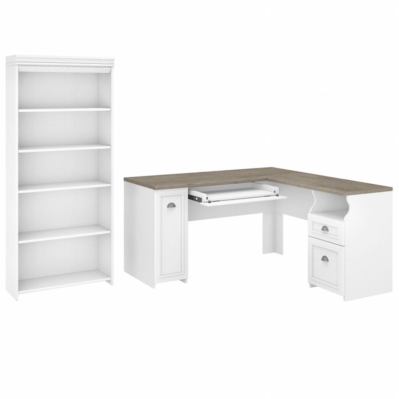 FV007G2W Bush Furniture Fairview 60W L Shaped Desk with 5 Shelf Bookcase in Pure White and Shiplap Gray
