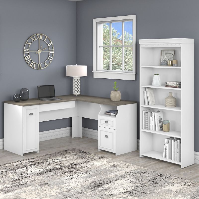 FV007G2W Bush Furniture Fairview 60W L Shaped Desk with 5 Shelf Bookcase in Pure White and Shiplap Gray