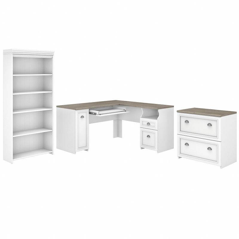 FV008G2W Bush Furniture Fairview 60W L Shaped Desk with Lateral File Cabinet and 5 Shelf Bookcase in Pure White and Shiplap Gray